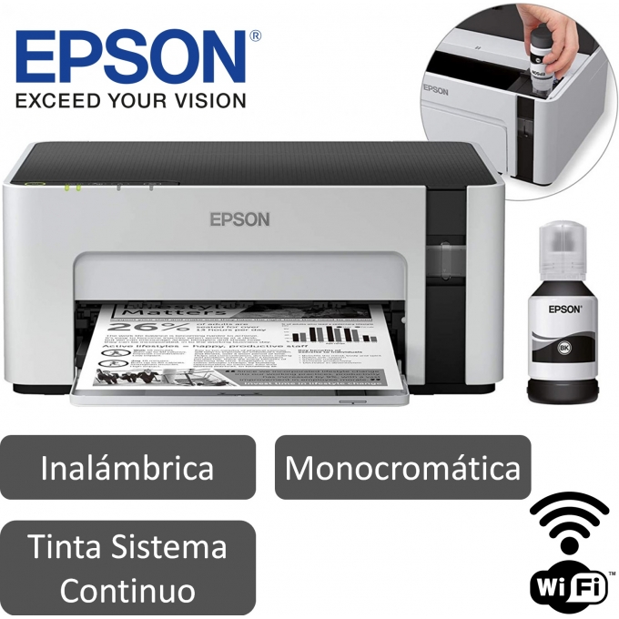 impresora epson ecotank m1120, monocromatica, sistema continuo, wifi, usb,  32 ppm, 1440x720 dpi, gris, c11cg96303